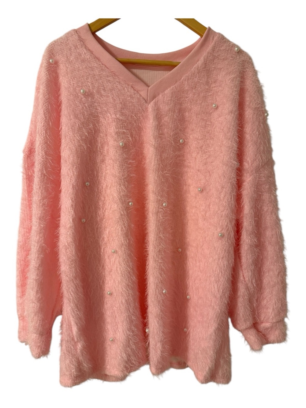 Soft Pink Eyelash Knit Pearl Sweater XXL Oversized Fuzzy V-Neck
